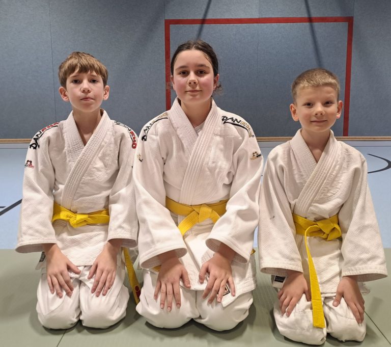 Read more about the article Andrii, Victoria und Theo sind die heutigen stolzen neuen Träger des gelben Gürtels im SSV.